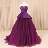 Verkliga bilder 2017 Purple Sweetheart Satin Tulle Quinceanera Klänningar med Peplum Sweet 16 Gown Custom Made China EN11209
