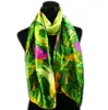 1pcs Women's Fashion Satin Green Leaves Scarves And Hot Pink Flower Oil Painting Long Wrap Shawl Beach Silk Scarf 160X50cm