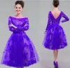 Vintage Dentelle Appliques Manches Longues Robes De Soirée Une Ligne Bateau Décolleté Illusion Longueur Au Genou Court Tulle Robes De Bal Royal Violet Fuchsia