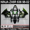 KAWASAKI ZX6R 98-02 ZX636 ZX 636 MY40 ZX6R ZX 6R 블랙 98 99 00 01 02 1998 1999 2000 2001 2002 페어링의 경우 녹색 불 8Gifts + 바디