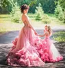 Vestido de niña de flores con volantes en la nube para bodas, vestido de princesa de tren grande rosa Vintage para madre e hija, vestidos de noche de 1er cumpleaños