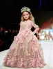 2018 Gold Scepined Ball Adjects Girls Pageant Платья с длинными рукавами Малыша Цветок Девушка Платье Розовые Цветочные 3D Аппликации Первые Причастия Платья