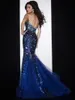 2015 Mermaid Sweetheart Open Back Crystals Pärlade paljett Diamond Organza Prom Gown Royal Blue Evening Dresses With Crystal279m