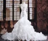 Autunno 2019 Abiti da sposa a sirena di alta qualità Collo a cuore Diamanti di lusso Corpetto di cristallo Corsetto Indietro Bianco Organza Ruffles Abiti da sposa