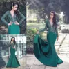 Charming Hunter Mermaid Evening Dresses With Long Sleeves Sheer Plunging Neck Lace Prom Gowns Floor Length Satin Beaded Formal Dress 407