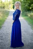 Últimos 2018 vestidos de dama de honor de encaje de lentejuelas azul real encaje largo 3/4 manga larga gasa hasta el suelo vestido de dama de honor EN12059