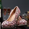 New Chegou Shinny Rosa de Cristal Strass Sapatos de Salto Alto Moda de Luxo Senhoras Rodada Toe Nupcial Do Vestido de Noiva Sapatos