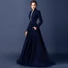 Dark Blue Modest Evening Dresses 2015 Embroidery Long Sleeve Ruched Satin Ellie Saab Dress Evening Wear Full Length Appliques Form8891269