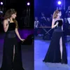 Nancy Ajram Black A-Line Prom Party Dresses Sequins Strapless Elegant Slit Chiffon Floor Length Red Carpet Celebrity Dresses Velvet Top