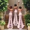 Spaghetti Straps Lace Satin Bridesmaid Klänningar Kjol Tåg Lace Appliques Blush Rosa Mermaid Billiga Prom Klänningar Bodycon Evening Dresses