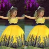 2015 kleurrijke gele baljurk vloer lengte pageant jurken voor kleine meisjes gouden appliques goedkope bloem meisjes jurken met zwarte sjerp