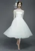 Unique Style A Line Bateau Tea Length White Organza Lace Neckline Garden Wedding Dresses With Half Sleeve Low Back Beach Bridal Wedding Gown