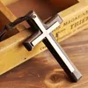 Double wooden cross pendant necklace vintage alloy leather cord sweater chain men women jewelry lovers stylish 12pcs