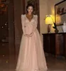 2016 Myriam Fares Champagne Pink Luxury Prom Dress a Line Sheer Tulle v Neck Bling Beaded Crystal Long Sleeve Evening Gowns2742399