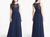 2019 Navy Blue Bridesmaid Dresses Chiffon Long Floor Längd Empire Waist Maid of Honor Jewel Neck Sheer Zipper Lace Back Honor Bridal Gowns