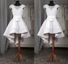 2018 Real Image White Short Homecoming Dresses Sheer Neck Cap Sleeves Appliques Lace Satin Custom Made High Low Prom Dresses Fast Shipping
