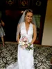 Gorgeous Halter Wedding Dress Plunging Deep V Neck Sleeveless Vintage Lace Keyhole Open Back Court Train Bridal Gowns Custom Made Cheap