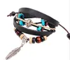 Multilayer Wrap Genuine Leather Bracelets Bangles Strand Beads Charms Bracelets Women Bracelets Gifts Leaf Drops Black