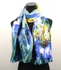 1st Gulblå Lily Flower Scarves Satin Oil Målning Lång wrap Shawl Beach Silk Scarf 160x50cm214h