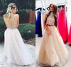 Dwa kawałki Koraliki Prom Dresses 8th Grade Graduation Suknie A-Line Frezowanie Crop Top Tulle Spódnica 2 Sztuka Party Dresses High Neck Vestido Longo