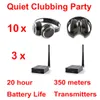 Professionell vikbar tyst disco trådlösa hörlurar - Tyst klubbfestpaket med 10 fällbara headset och 3 sändare 500 m avståndskontroll