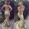 Elegant Sequined Prom Dresses Sparkly Champagne Sequins Mermaid Fitted Evening Pageant Party Gowns Plunging Sweetheart Neck Ruffled