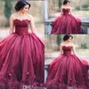 2018 Cheap Burgundy Strapless Ball Gown Princess Quinceanera Dresses Lace Flowers Basque Waist Long Sweet 16 Dress Long Party Prom Dresses