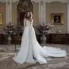 Berta Bridal Lace Wedding Dresses With Detachable Tail Deep V Neck Backless Bridal Gowns Cathedral Train Sleeveless Wedding Gown