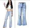 Jeans en gros-femmes lâche trou déchiré gland poche bouton pantalon jambe large luxe mode punk bleu jeans pour femme bonne qualité
