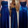 Elegancka 2016 r. Suknie wieczorowe bez rękawów w linii satynowe podłogę Królewską Niebieską Long Party Sukienkę z koralikami