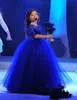 Royal Blue Half Lace Sleeves Girls Pageant Dresses 2016 Stain Knee Length Flower Girls Dresses with Detachable Tulle Skirt