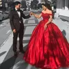 Elegant Arabic Ball Gown Prom Dresses Off the Shoulder Beaded Lace Appliques Puffy Red Evening Party Gowns Vestido Festa Custom Made