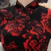 Shanghai Story Rouge Floral Noir Velours Qipao Robe traditionnelle chinoise Robe cheongsam à manches 34 Longueur genou Robe orientale 3794180