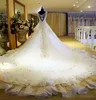 Luxury Off Shoulder Long Train Wedding Dresses Lace Applique Church Crystal Beaded Bling Bridal Wedding Gowns302n