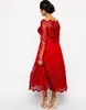 Red Full Lace Plus Size Formal Dresses Sheer Bateau Long Sleeve Evening Gowns Tea Length ALine Mother Of The Bride8588466