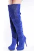 Over de knie laarzen voor vrouwen schoenen zwart / blauw pompen suede boot been strass hoge hak schoenen vrouwen laarzen Nieuwe collectie 2015 op maat gemaakt