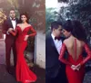 Arabic Red 2017 New Evening Dresses Long Sleeves Sexy Lace Mermaid Party Prom Gowns Sheer Neck Covered Button Back Vestidos de fiesta