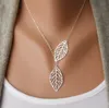 Simple European New Fashion Vintage Punk Gold Hollow Two Leaf Leaves Pendant Necklace Clavicle Chain Charm Jewelry Women Free Shipping