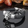 Mens Jeemlery zilveren roestvrijstalen leeuwkop met zwarte lederen armband 20mm284n