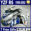 ABS Full Fairing Kit för Yamaha YZF600 YZF R6 1998 1999 2000 2001 2002 YZF-R6 98-02 Vitblå Svart Motorcykel Fairings VB12