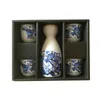 Blue Japanese Sake Set Vintage Ceramic Wine Bottle Pot Hip Flask Cups Gift Hand Painted Oriental Water Town Houses Boats White