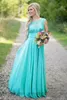 Billigt land turkosa mynta brudtärna klänningar illusion hals spets pärlor topp chiffon lång plus size maid of Honor Wedding Party D6357605