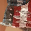 Partihandel-sommaren låg midja denim byte shorts för kvinnor vintage amerikansk flaggmönster hål tassel sexig mini jeans klubb het