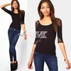 Hot Sale 2014 Zwart Mesh Gaas T-shirt Lange mouw Sexy Dames Tops Zwart T-shirt Clubwear Plus Size Tops M-XL Black B22