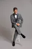 Light Grey Tuxedos Slim Fit Mens Wedding Suits Peaked Lapel Groom Wear Three Pieces Cheap Formal Suit(Jacket+Pants+Vest+Bow Tie)