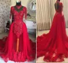 Gorgeous Red High Neck Prom Dresses South African Lace Appliques Sheer Long Sleeves Aftonklänningar Tulle Overkirts Se igenom Party Dress