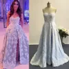 Light Blue Prom Dresses 2016 with Side Slit A Line Beaded Lace Appliqued Sweep Train Evening Gowns