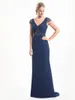 Bedövning Navy Blue Aline Chiffon Mor av bruden Klänningar V-Neck Cap Sleeves Backless Sparkling Pärlor Sequins Aftonklänningar