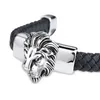 Mens Jeemlery zilveren roestvrijstalen leeuwkop met zwarte lederen armband 20mm284n
