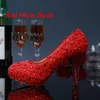 Dolce rosa e rosso pizzo fiore abito da sposa scarpe strass tacchi alti scarpe estive da donna taglie forti 34-43 scarpe da damigella d'onore